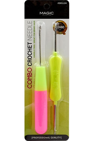 A package containing a pink and green crochet hook and a silver crochet hook with the brand name MAGIC at the top.